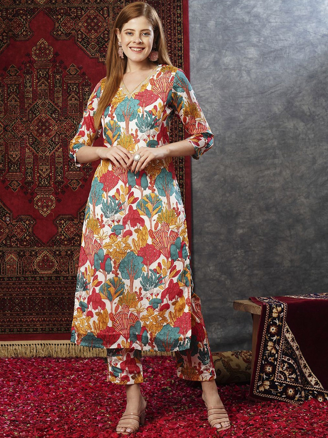 

KALINI Floral Printed Regular Kurta with Trousers, White