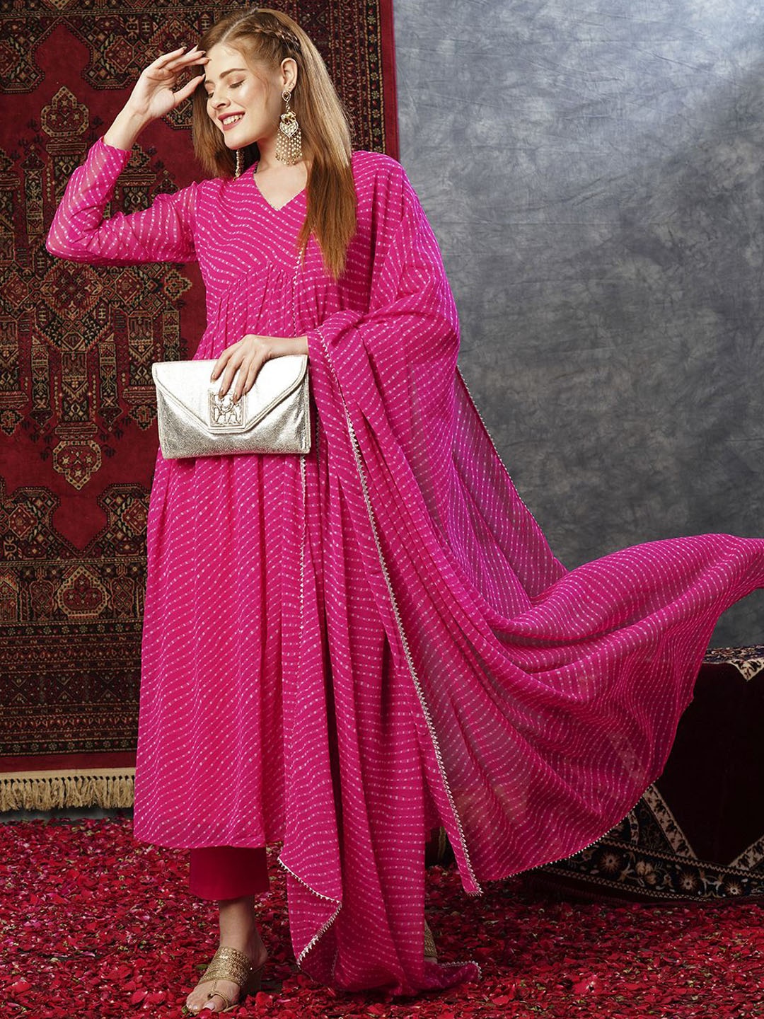 

GoSriKi Leheriya Printed V-Neck Anarkali Kurta With Trousers & Dupatta, Pink