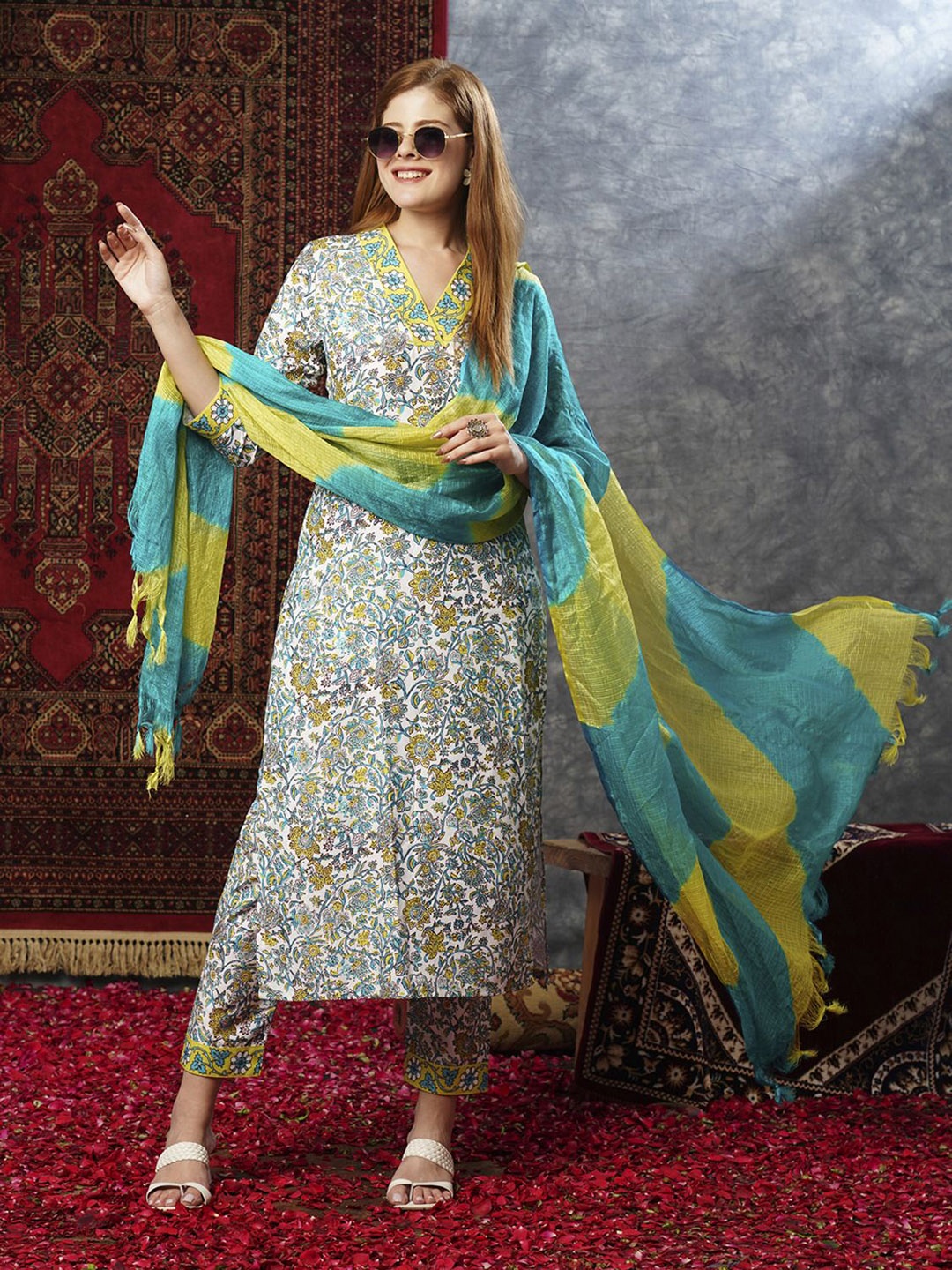 KALINI Floral Printed V-Neck Straight Kurta With Trousers & Dupatta, Beige