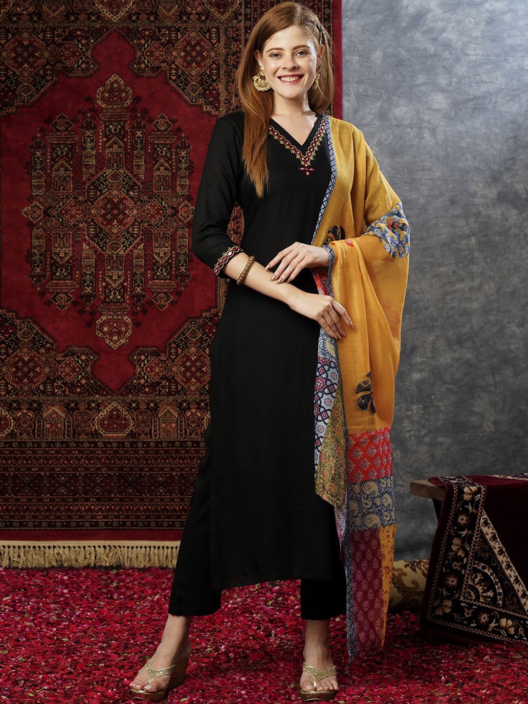

KALINI Mirror Work Embroidered Regular Straight Kurta With Trousers & Dupatta, Black