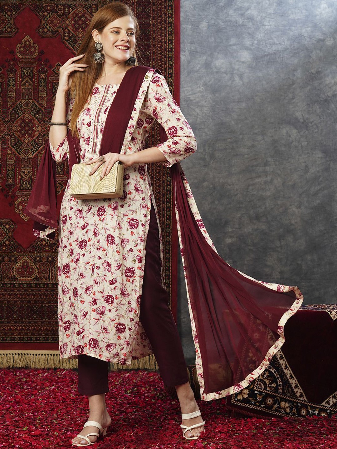 

KALINI Floral Printed Round Neck Straight Kurta With Trousers & Dupatta, Maroon