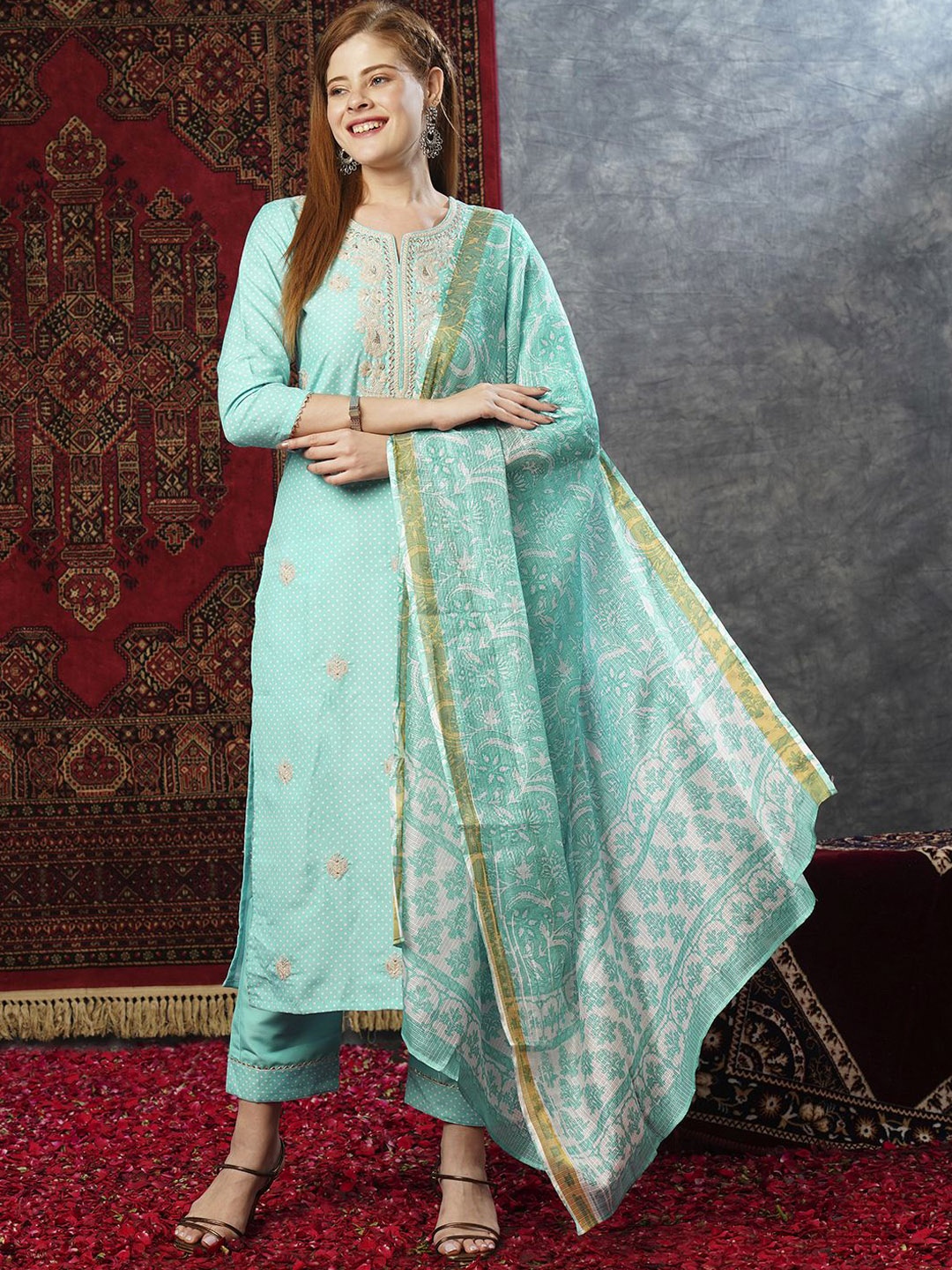 

KALINI Floral Printed Regular Thread Work Kurta with Trousers & Dupatta, Sea green