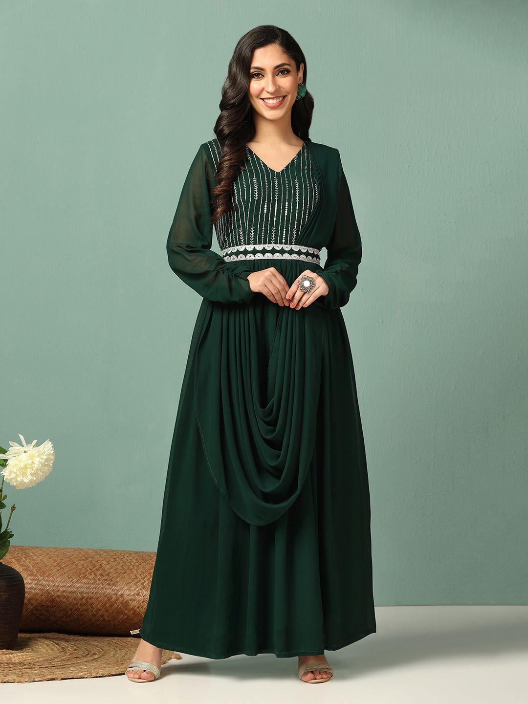 

FASHION DREAM Women Georgette Maxi Dress, Green