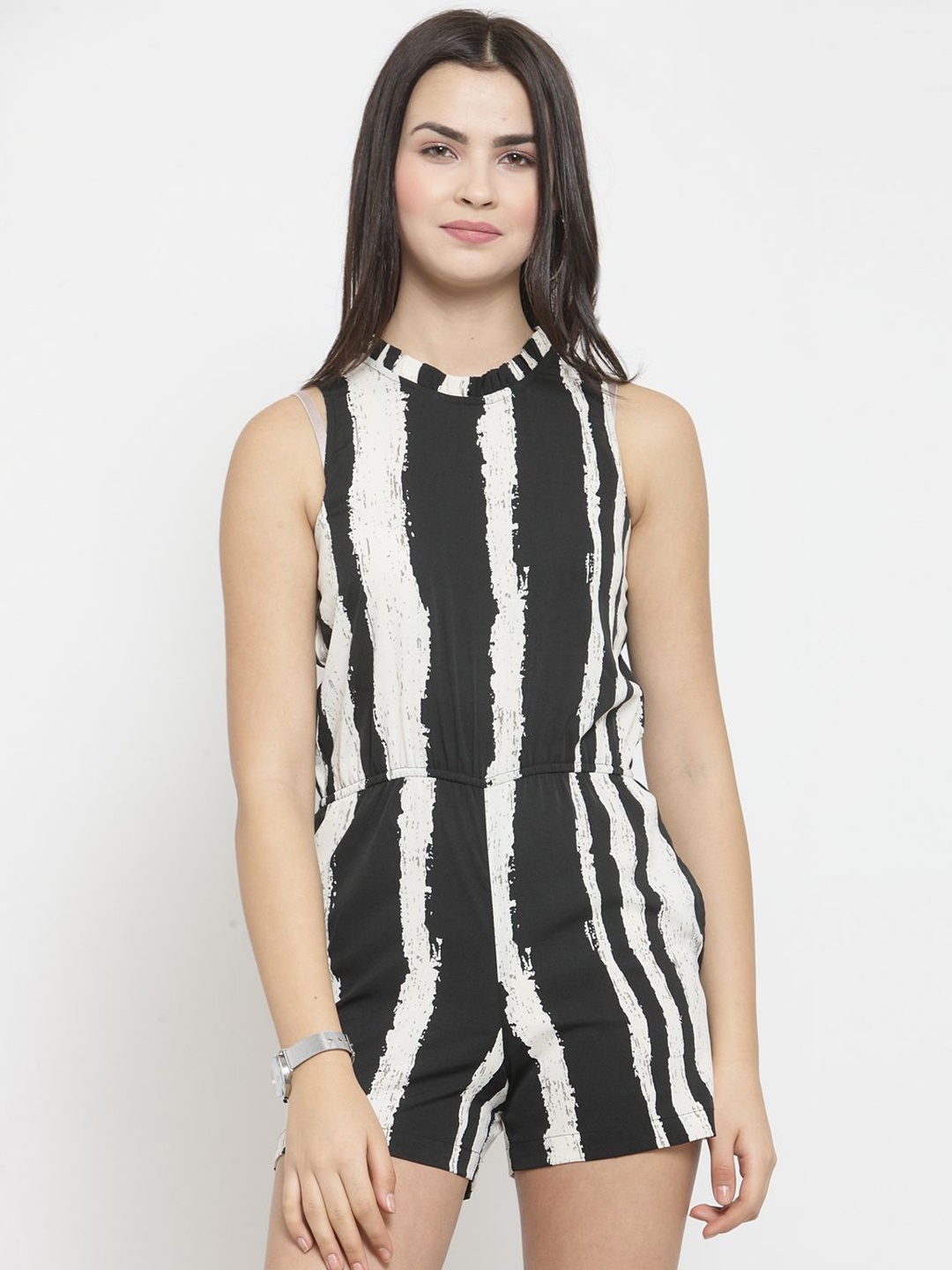 

Purple State Round Neck Sleeveless Striped Playsuit, Beige
