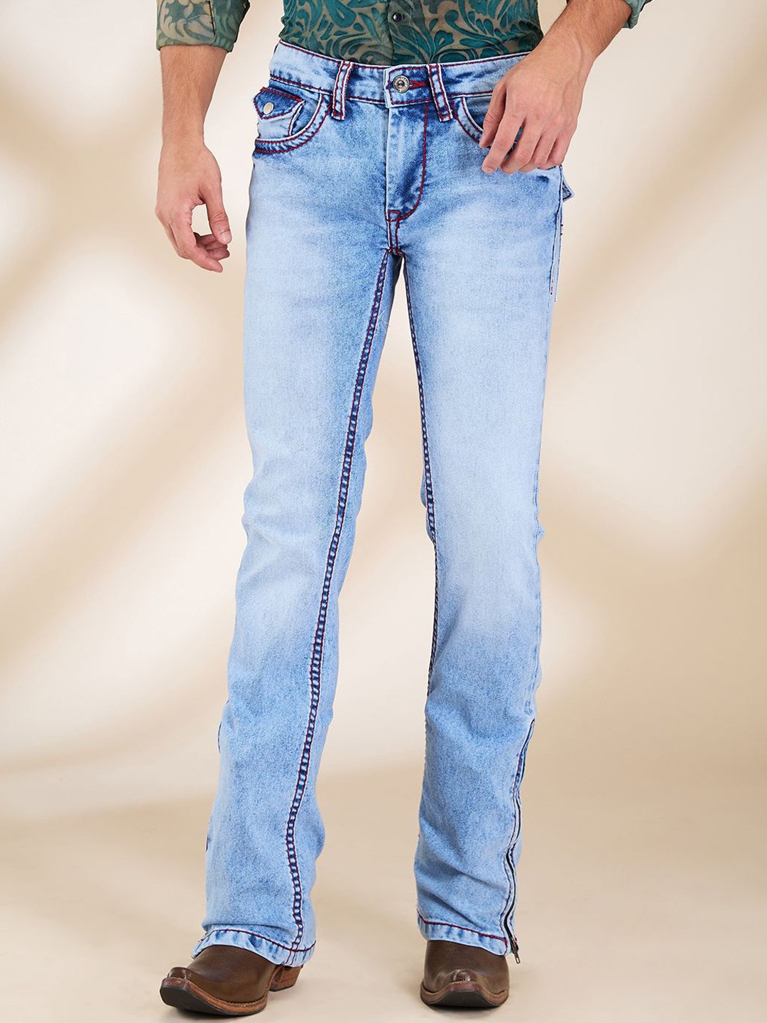 

mode de base Men Bootcut Low-Rise Clean Look Heavy Fade Stretchable Jeans, Turquoise blue