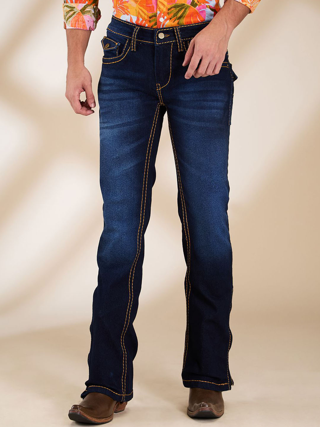 

mode de base Men Bootcut Low-Rise Clean Look Light Fade Stretchable Jeans, Navy blue