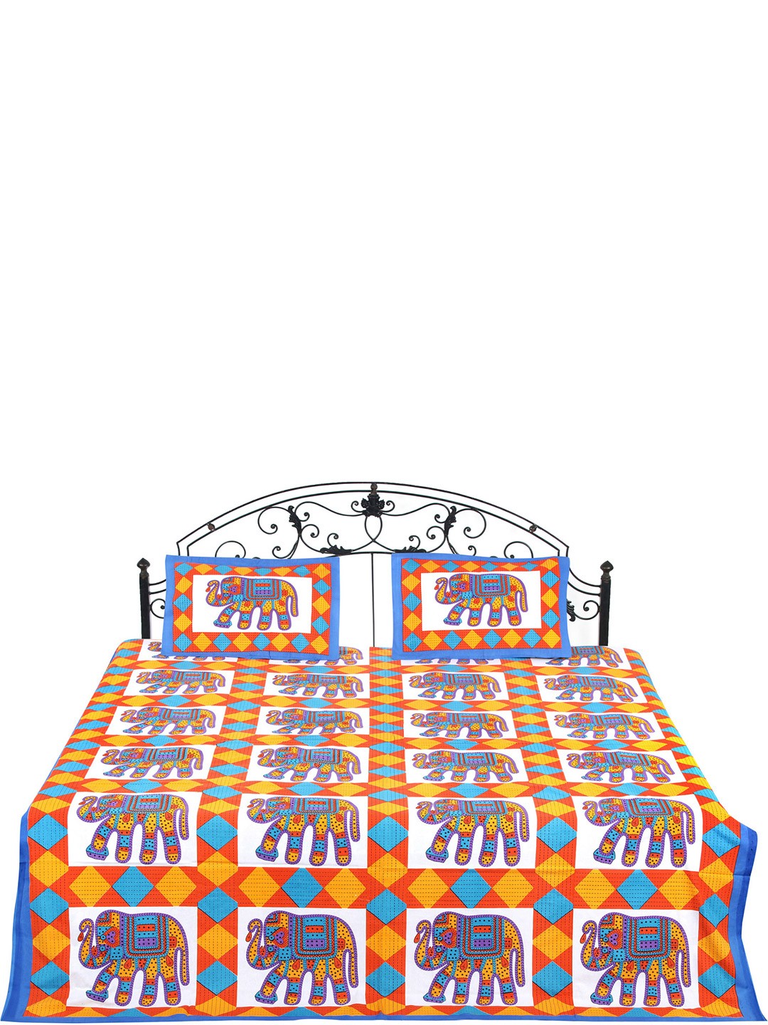 

Exotic India White & Blue Ethnic Motifs Cotton 300 TC Queen Bedsheet with 2 Pillow Covers