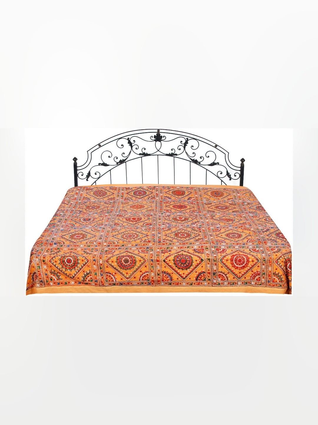 

Exotic India Orange Ethnic Motifs 300 TC Cotton Double Queen Bedsheet with Pillow Covers