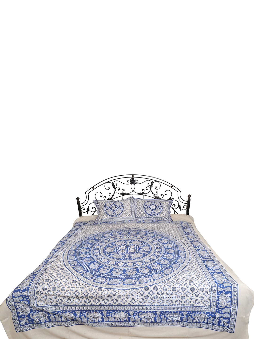 

Exotic India White & Blue Ethnic Motifs Cotton 300 TC Queen Bedsheet with 2 Pillow Covers