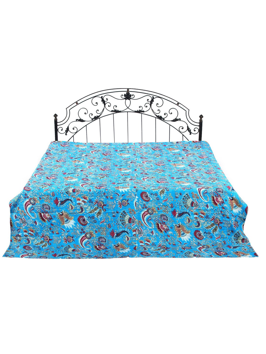 

Exotic India Printed Flowers Vivid Blue Bedcover and Kantha Stitch All-Over