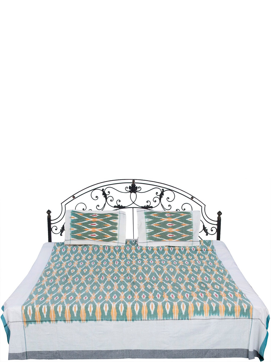 

Exotic India Sea Green Ethnic Motifs Cotton 300 TC Queen Bedsheet with 2 Pillow Covers