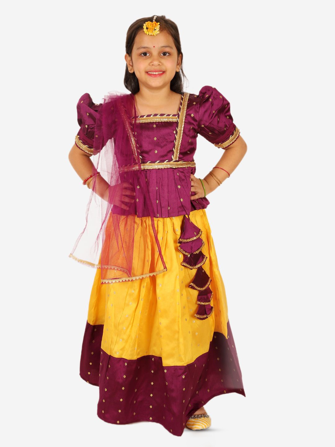 

BownBee Girls Embellished Thread Work Ready to Wear Lehenga & Blouse With Dupatta, Purple