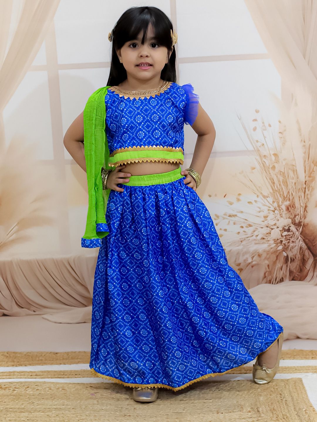 

BownBee Girls Bandini Printed Ready to Wear Lehenga & Blouse With Dupatta, Blue