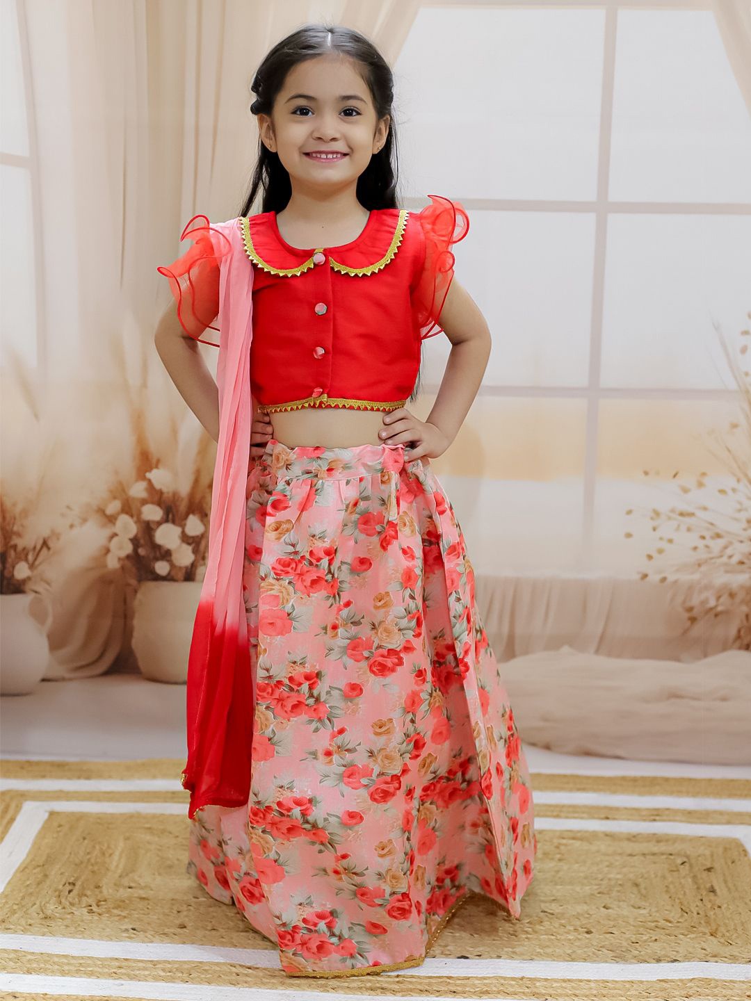 

BownBee Girls Embellished Ready to Wear Lehenga & Blouse With Dupatta, Red