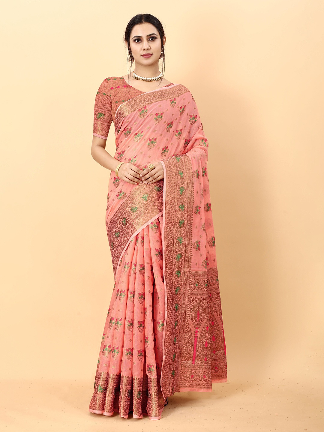 

VEECHIS Woven Design Zari Pure Silk Saree, Peach