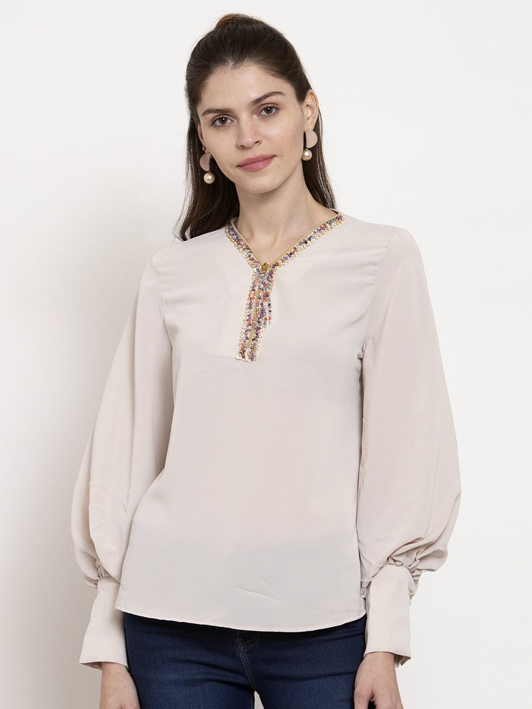 

Global Republic Tie-Up Neck Crepe Top, Beige