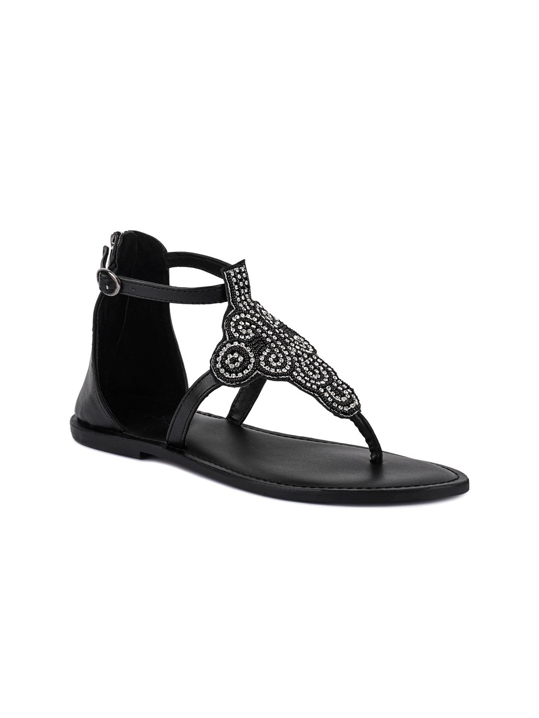 

London Rag Women Embellished Beads And Rhinestones T-Strap Flats, Black