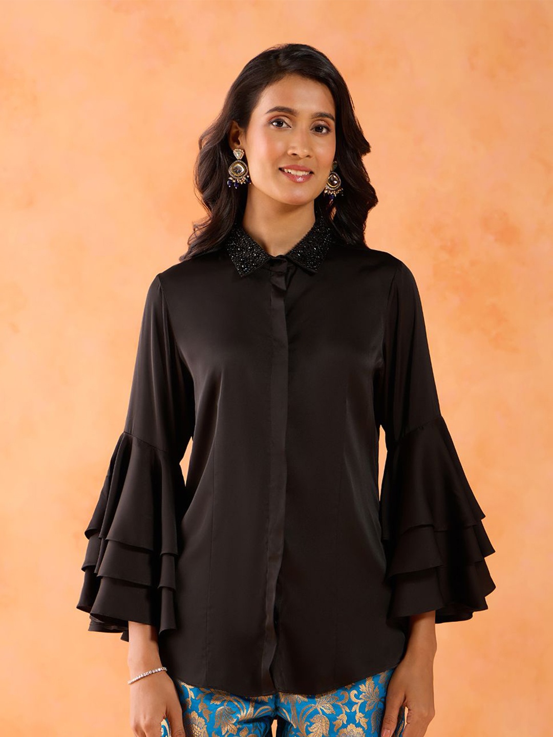 

Gajra Gang Bell Sleeve Shirt Style Top, Black