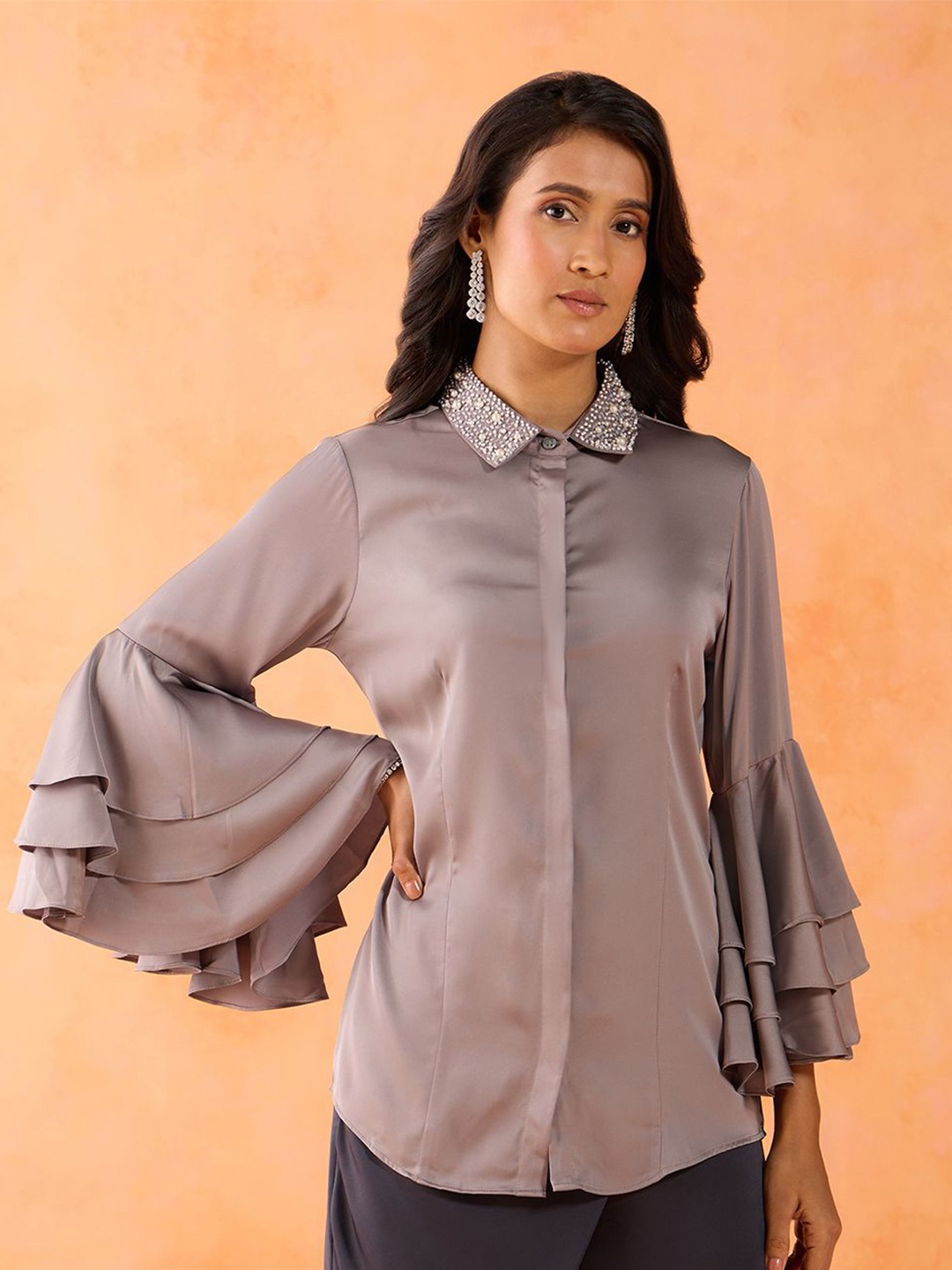 

Gajra Gang Bell Sleeve Shirt Style Top, Grey