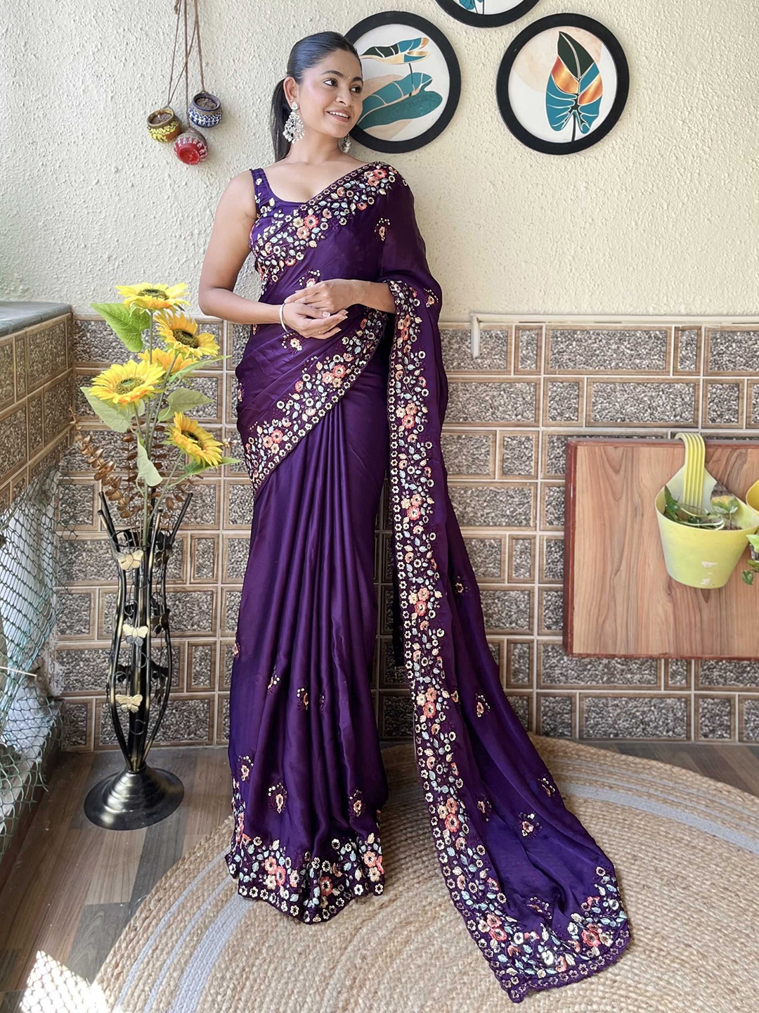 

Mitera Floral Embroidered Satin Saree, Purple
