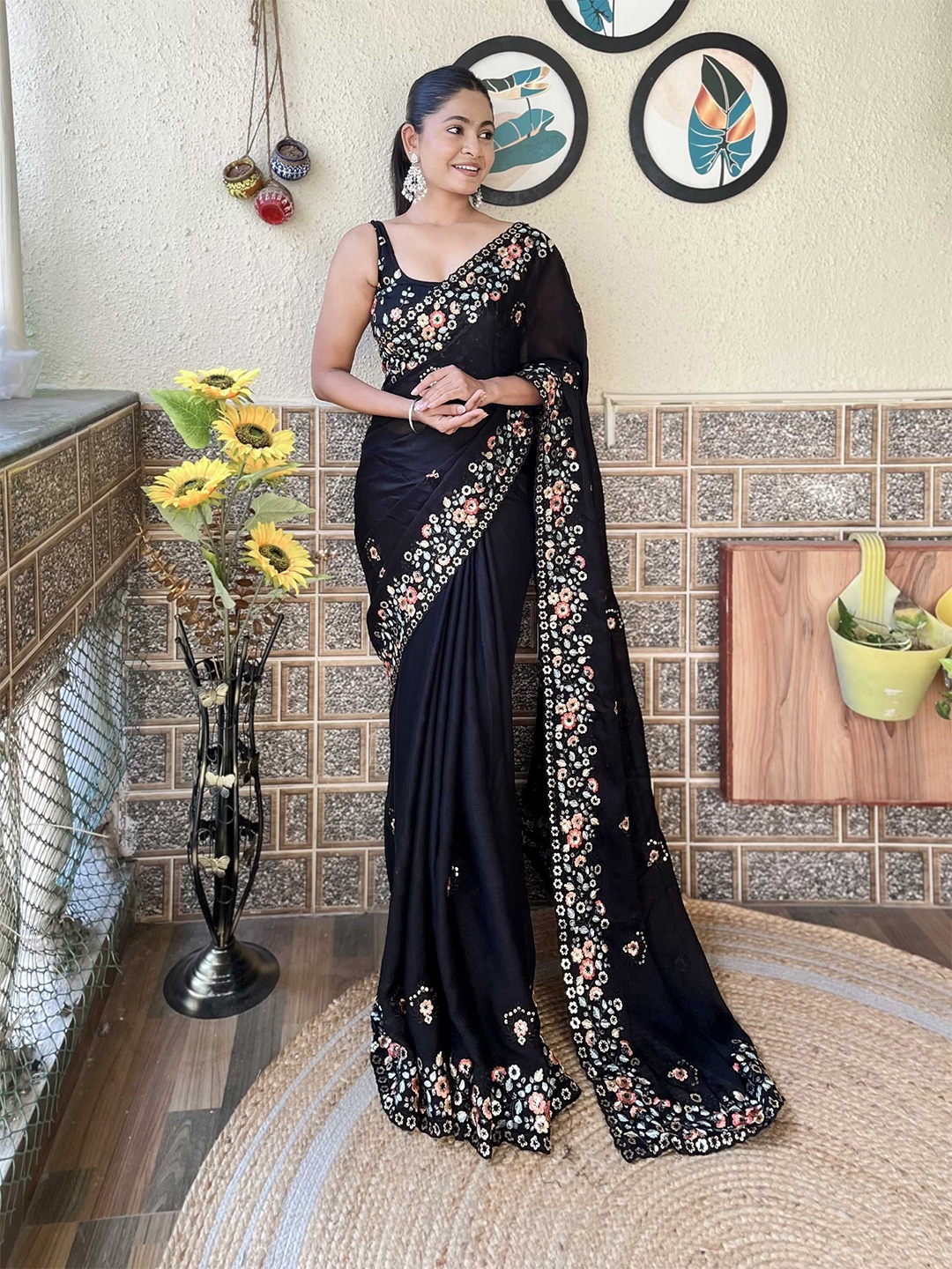 

Mitera Embellished Sequinned Satin Saree With Unstitched Blouse Piece, Black