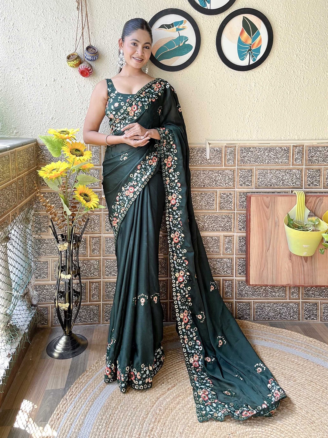 

Mitera Floral Sequinned Satin Saree, Green