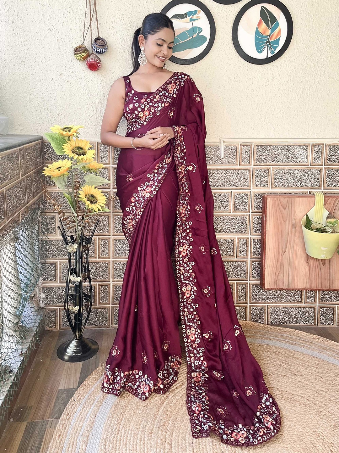 

Mitera Floral Embroidery Work Sequinned Satin Saree, Purple