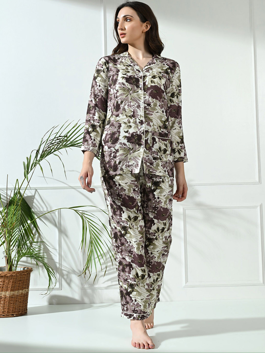 

TREND ME Floral Printed Shirt With Pyjamas, Brown