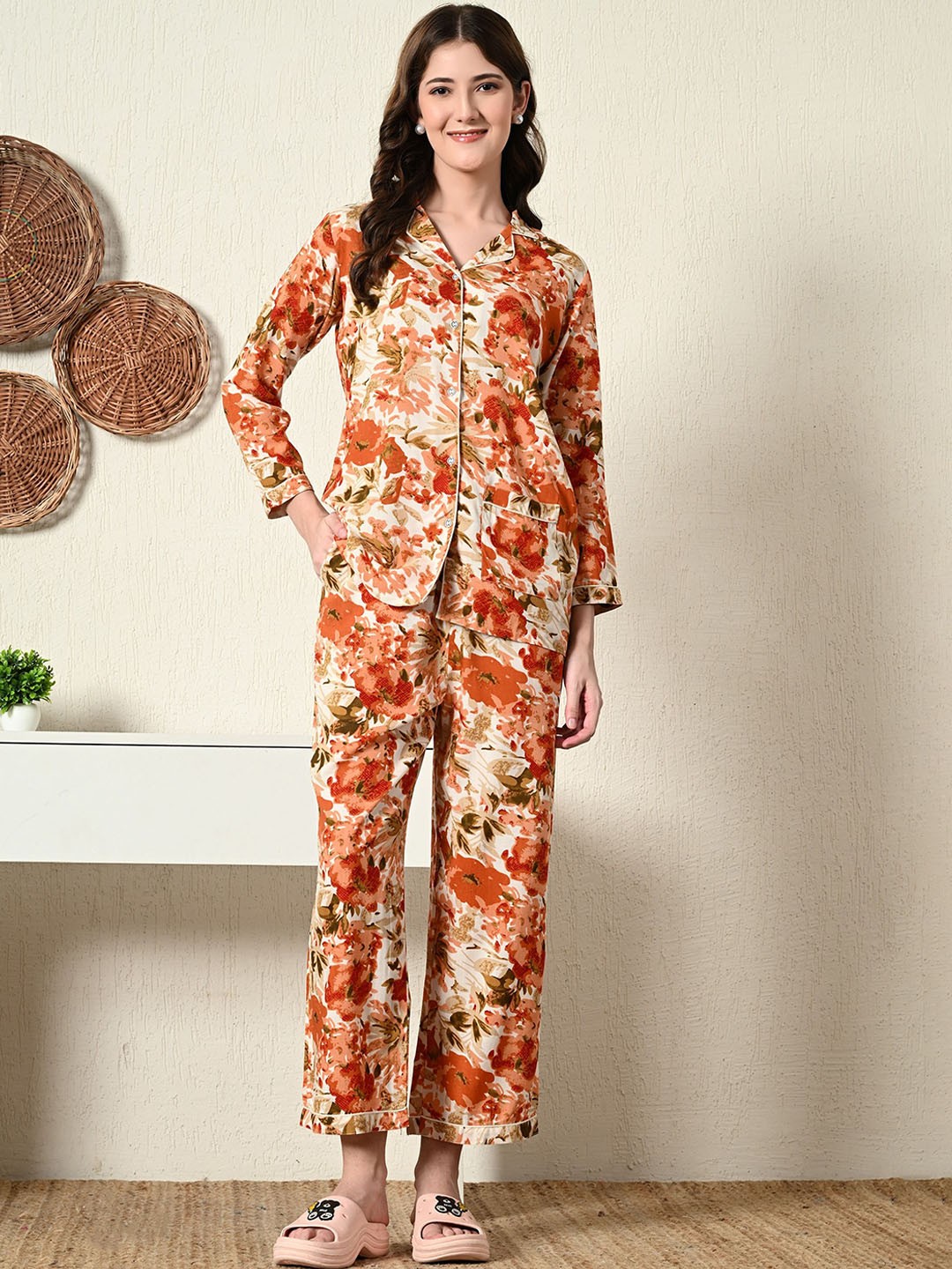 

TREND ME Floral Printed Lapeled Collar Casual Shirt With Pyjamas, Orange