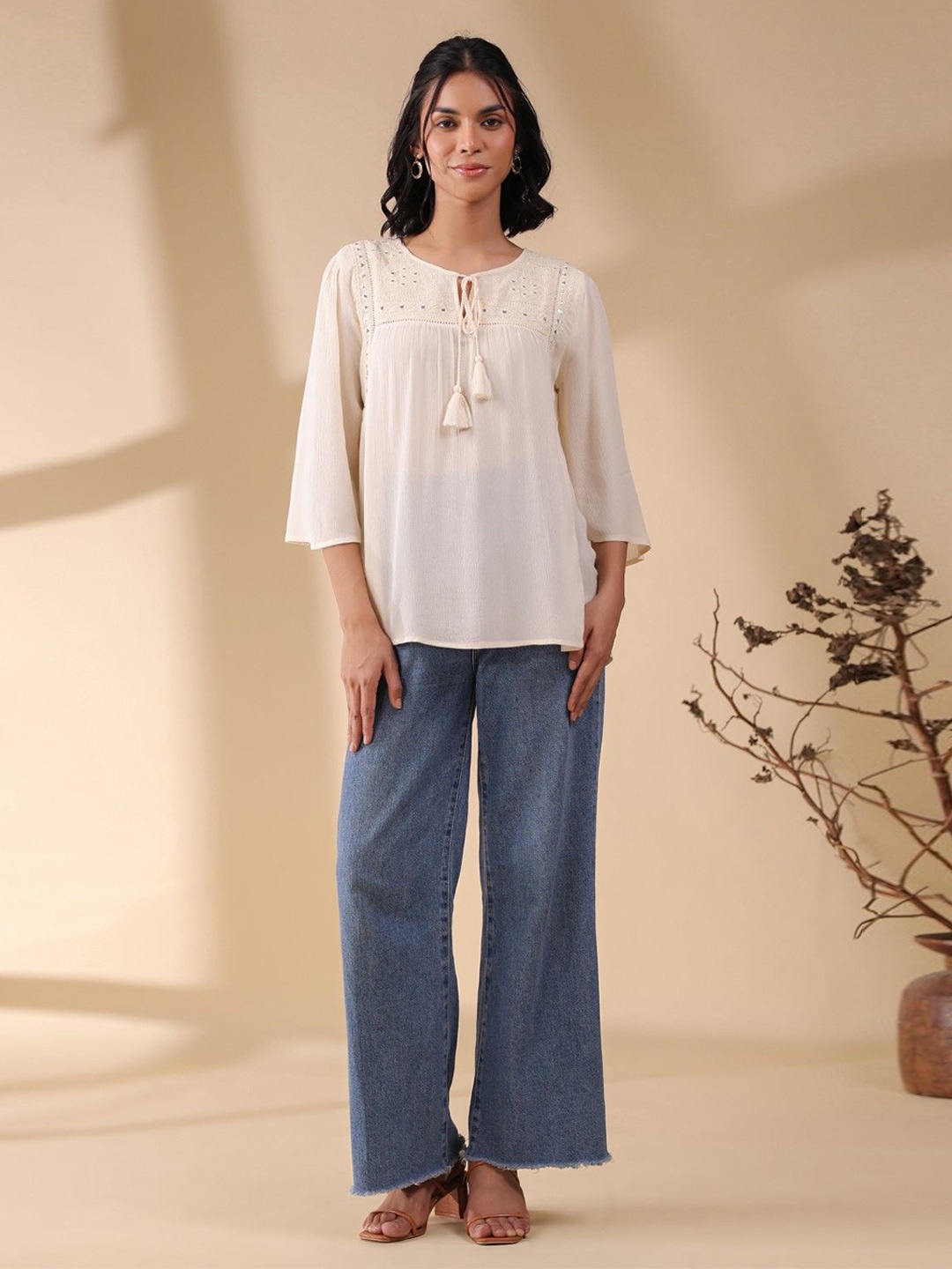 

Nyaro Women Rayon Mirror Work Embroidered Top, Beige