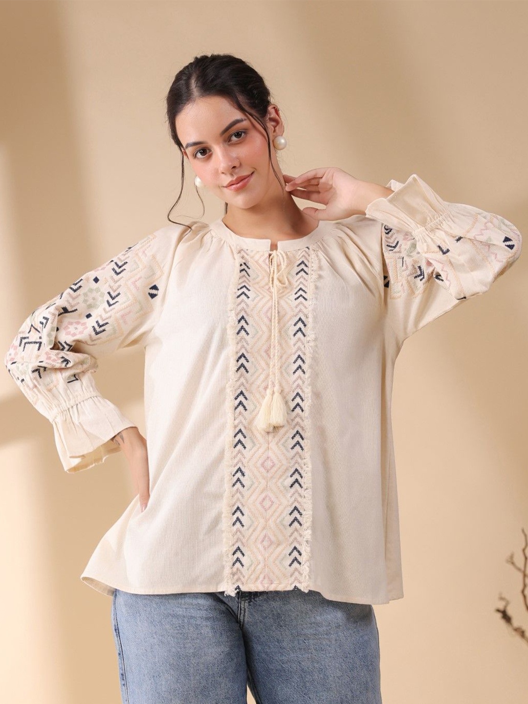 

Nyaro Women Round Neck Bell Sleeve Cotton Top, Beige