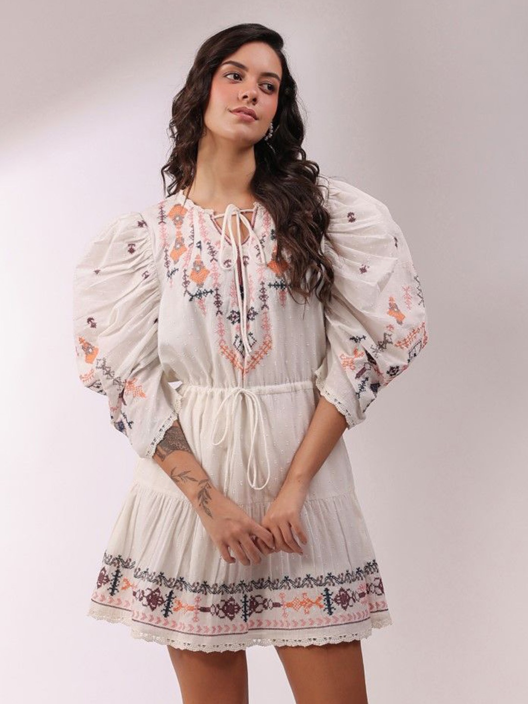 

Nyaro Women Dobby Embroidered Top With Dori & Tassel Top, White
