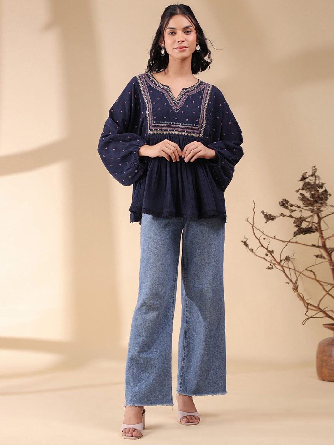 

Nyaro Floral Print Kimono Sleeve Khadi Embroidered Top, Navy blue