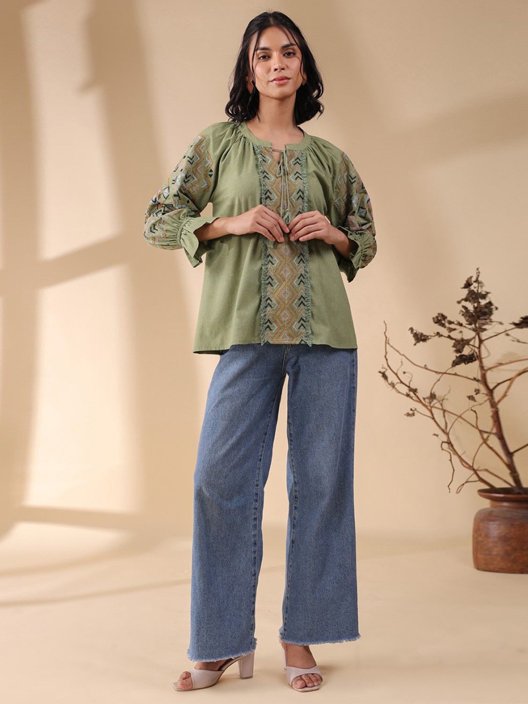 

Nyaro Women Green Cotton Flex Embroidered Top With Dori & Tassel