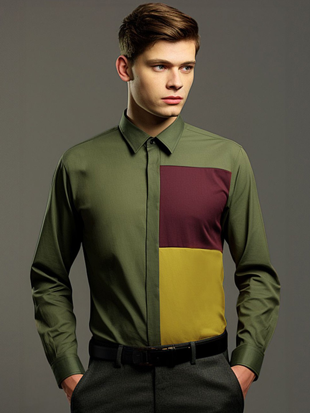 

HE SPOKE Men Colourblocked Spread Collar Tailored Fit Shirt, Olive