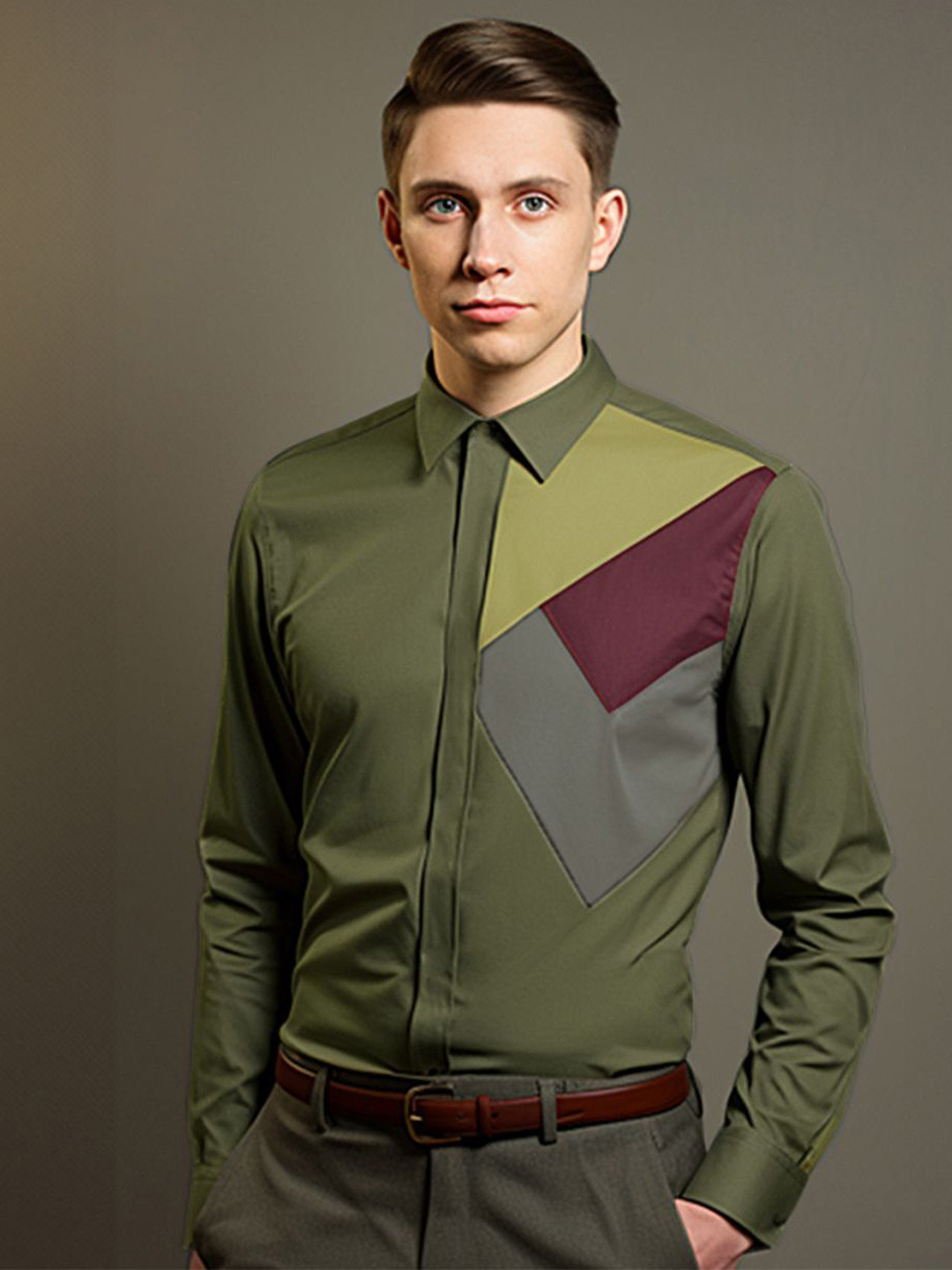 

HE SPOKE Men Colourblocked Spread Collar Tailored Fit Shirt, Olive