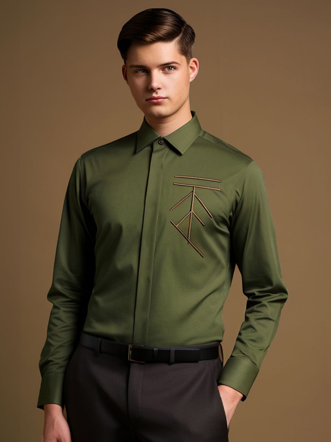 

HE SPOKE Men Solid Spread Collar Tailored Fit Shirt, Olive