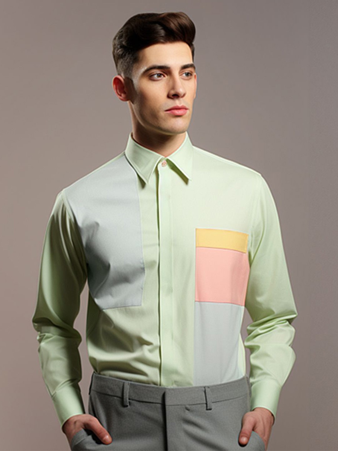 

HE SPOKE Men Colourblocked Spread Collar Tailored Fit Shirt, Sea green