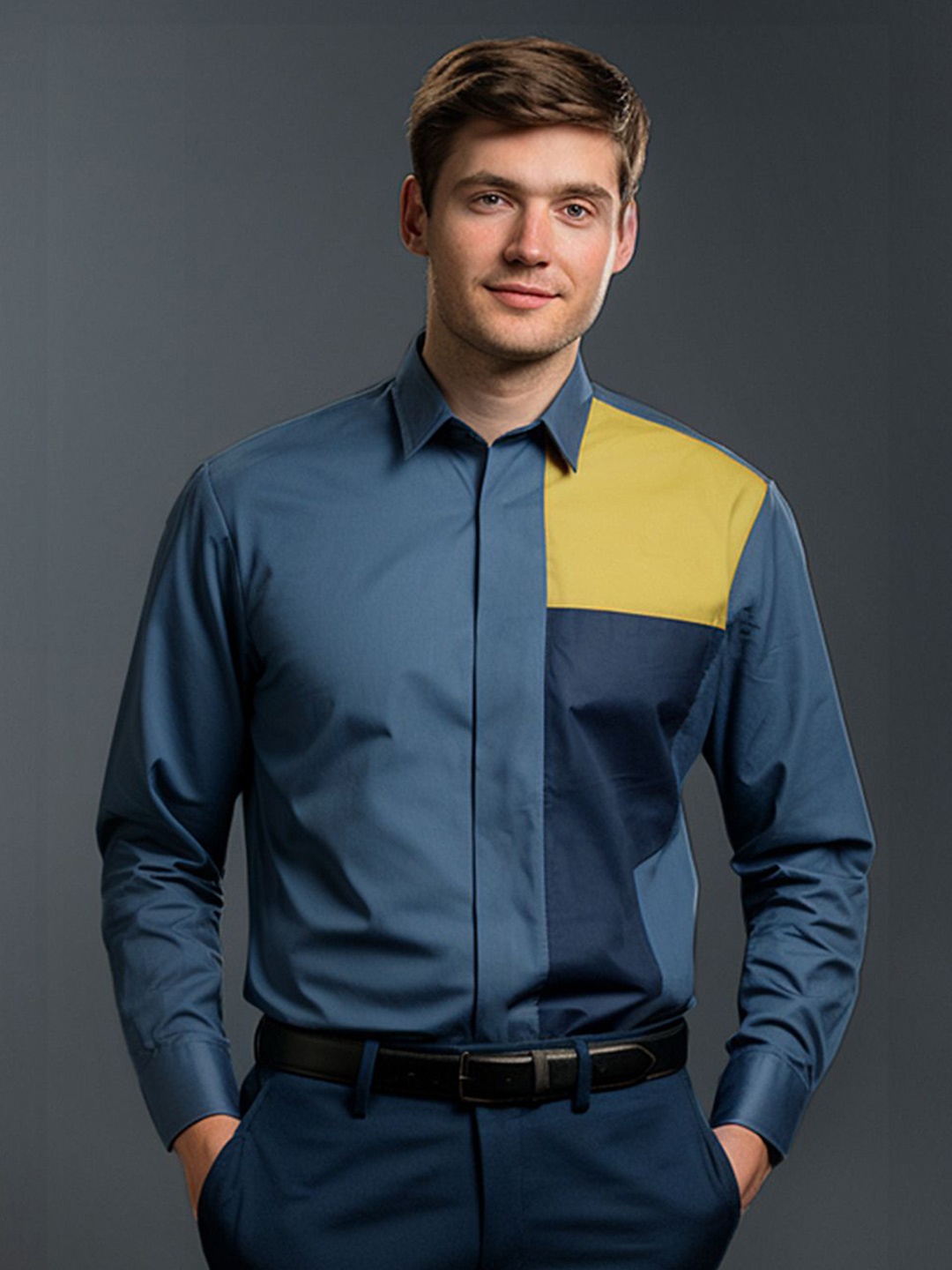 

HE SPOKE Men Colourblocked Spread Collar Tailored Fit Shirt, Navy blue
