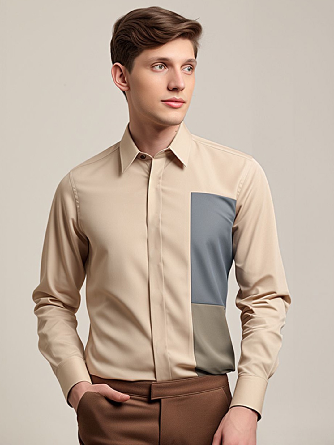 

HE SPOKE Men Colourblocked Spread Collar Tailored Fit Shirt, Cream
