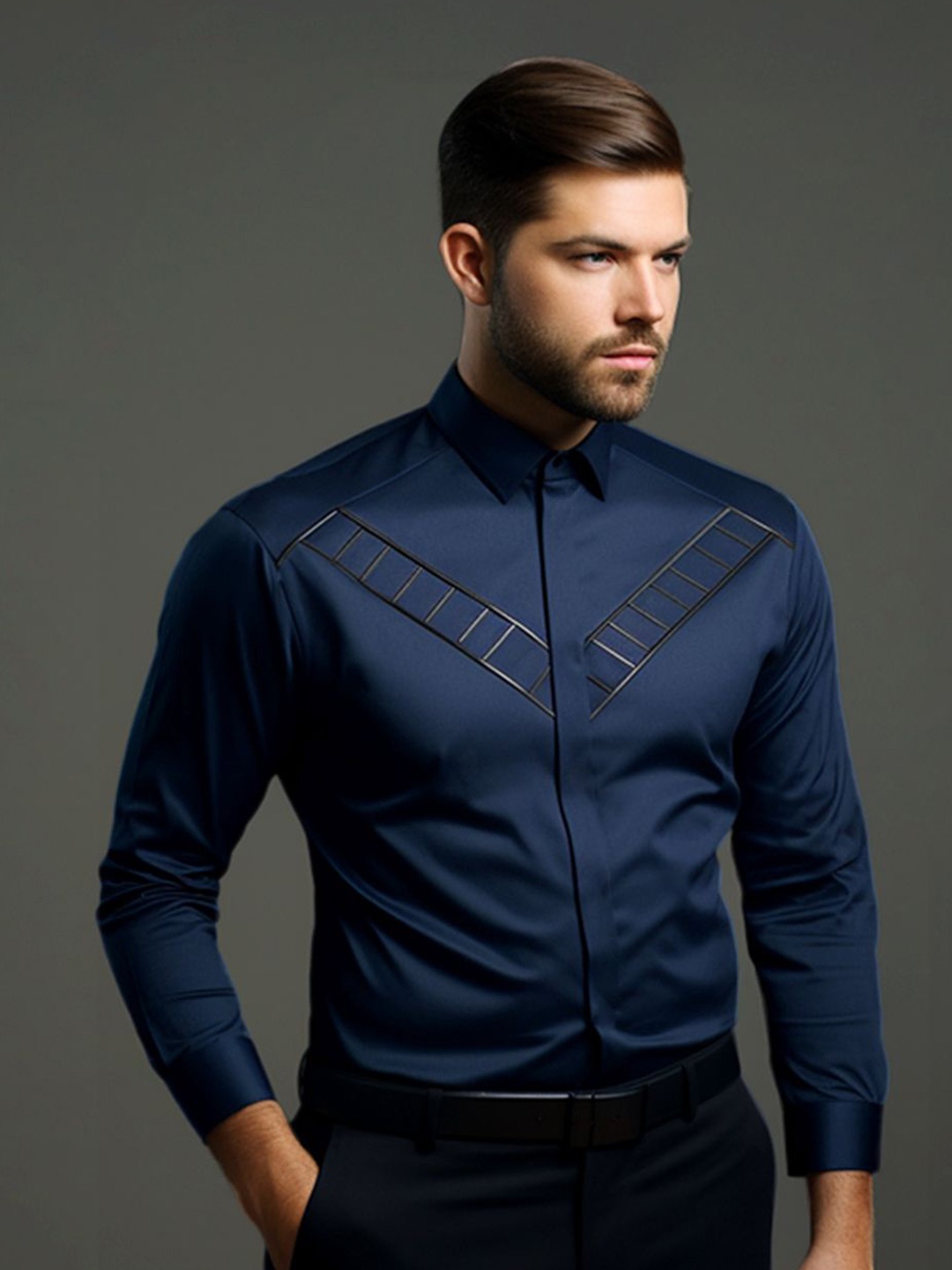 

HE SPOKE Men Solid Tailored Fit Formal Shirt, Navy blue