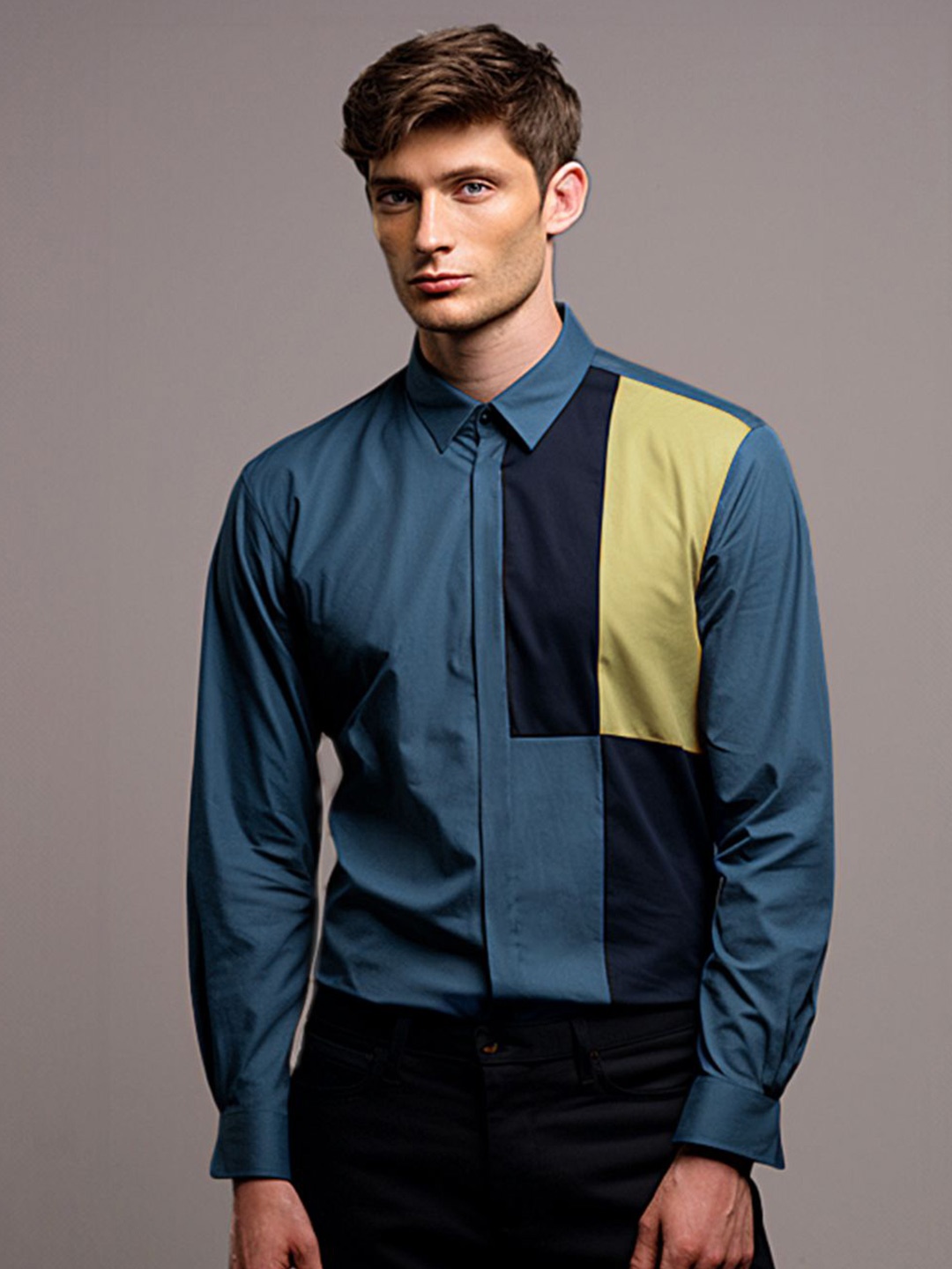 

HE SPOKE Men Colourblocked Spread Collar Tailored Fit Shirt, Blue
