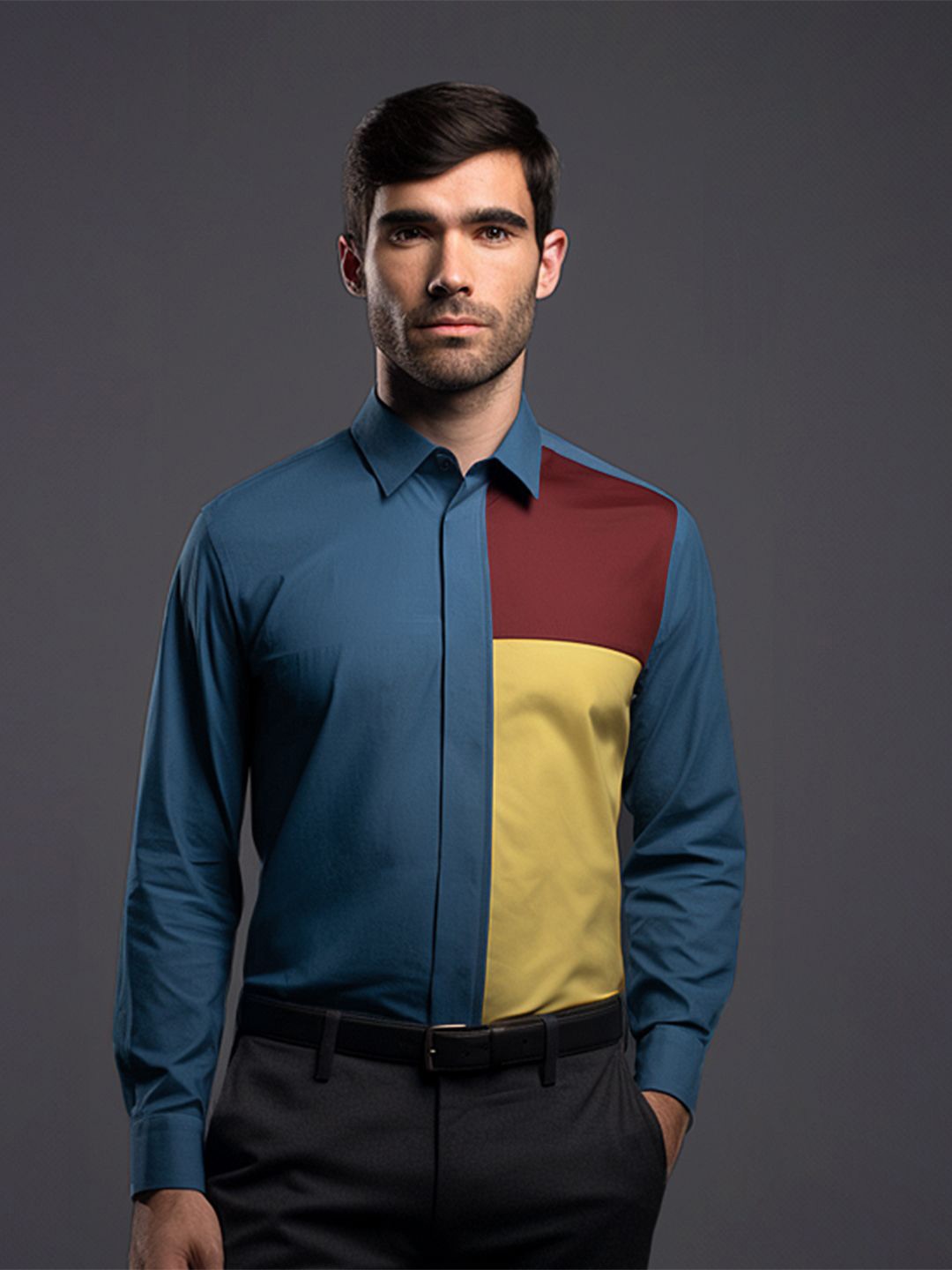 

HE SPOKE Men Colourblocked Spread Collar Tailored Fit Shirt, Steel