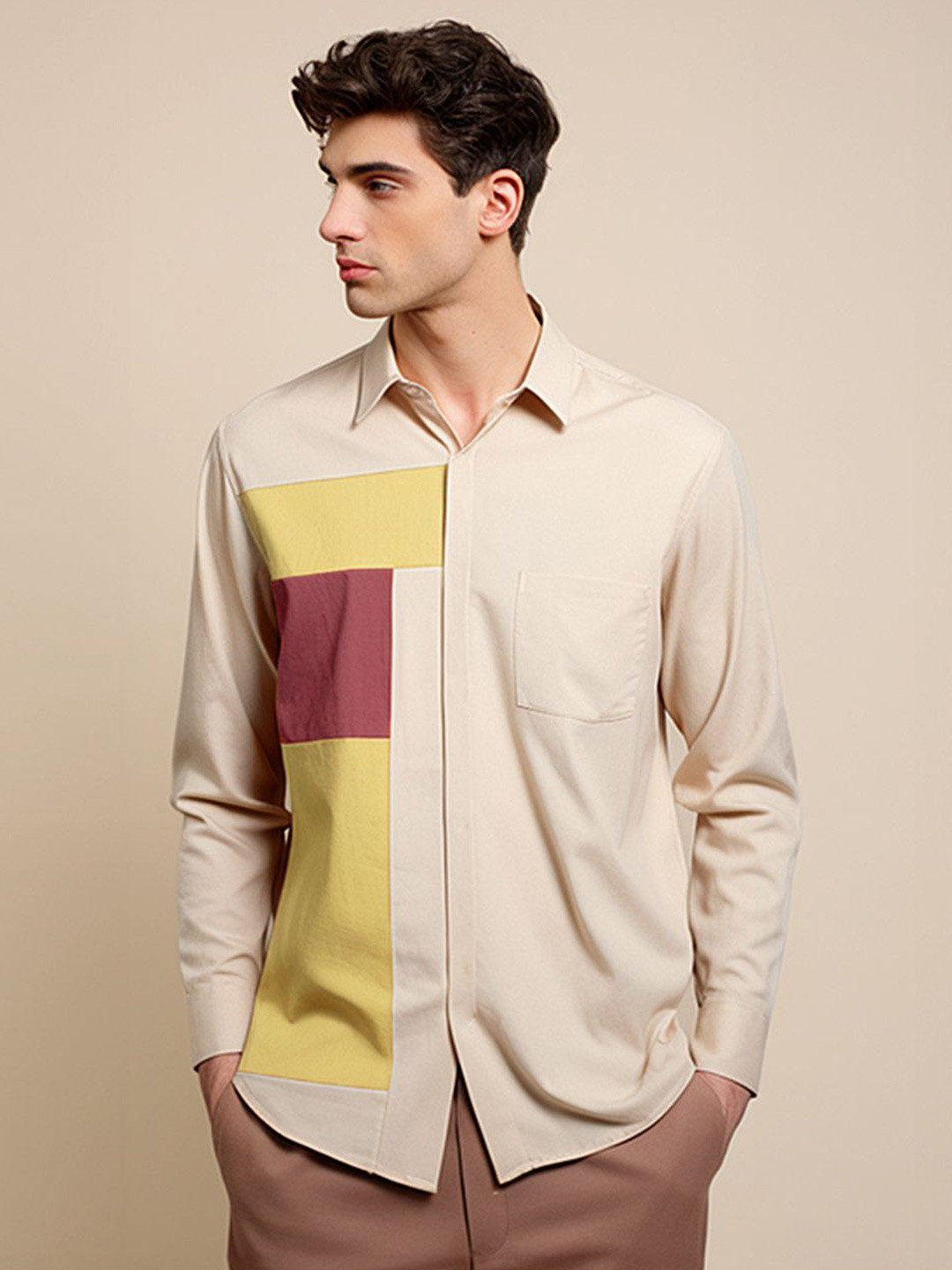 

HE SPOKE Men Colourblocked Spread Collar Tailored Fit Shirt, Cream