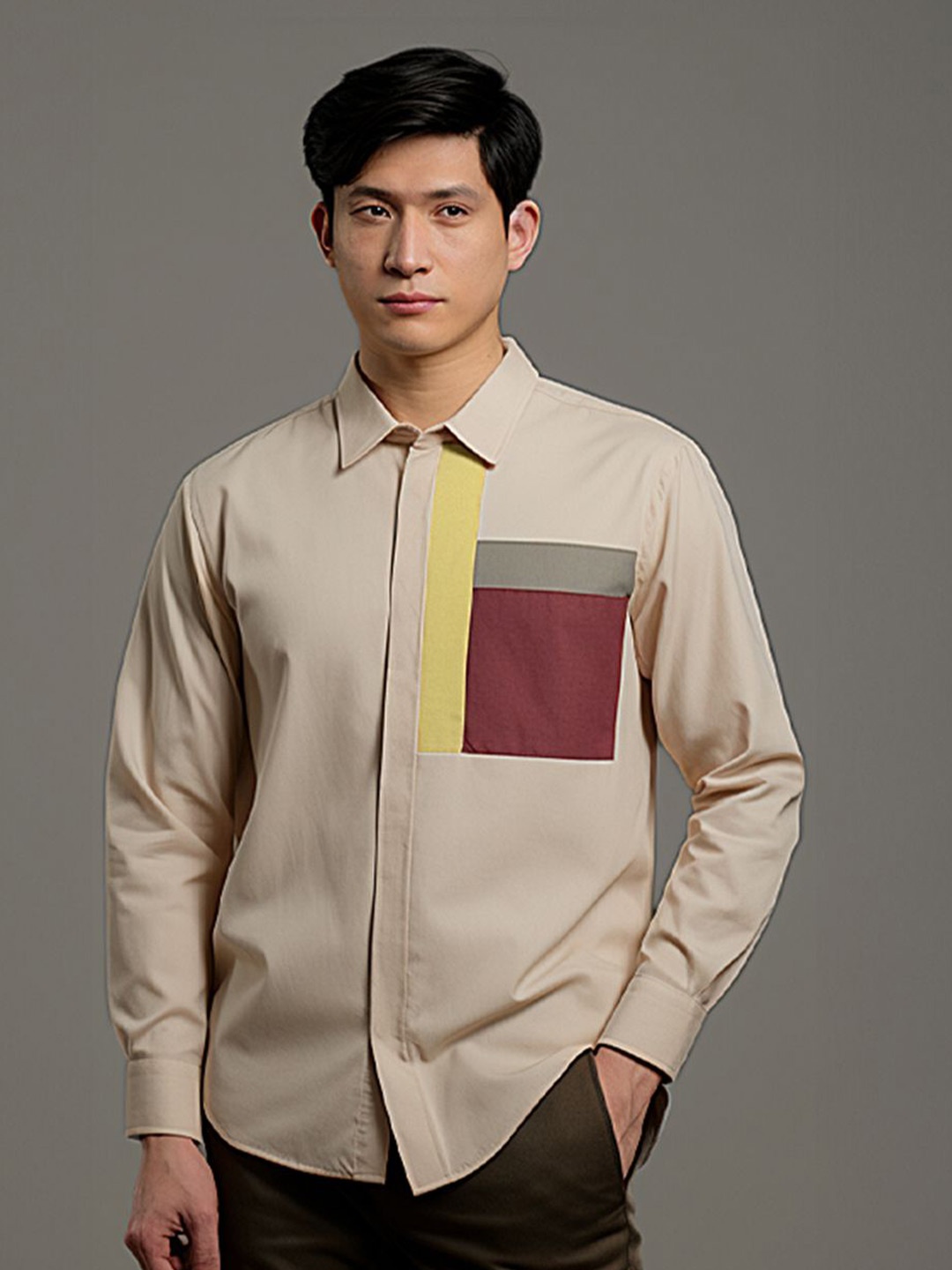 HE SPOKE Men Colourblocked Tailored Fit Shirt, Cream