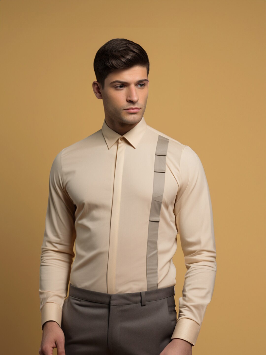 

HE SPOKE Men Solid Tailored Fit Spread Collar Formal Shirt, Cream