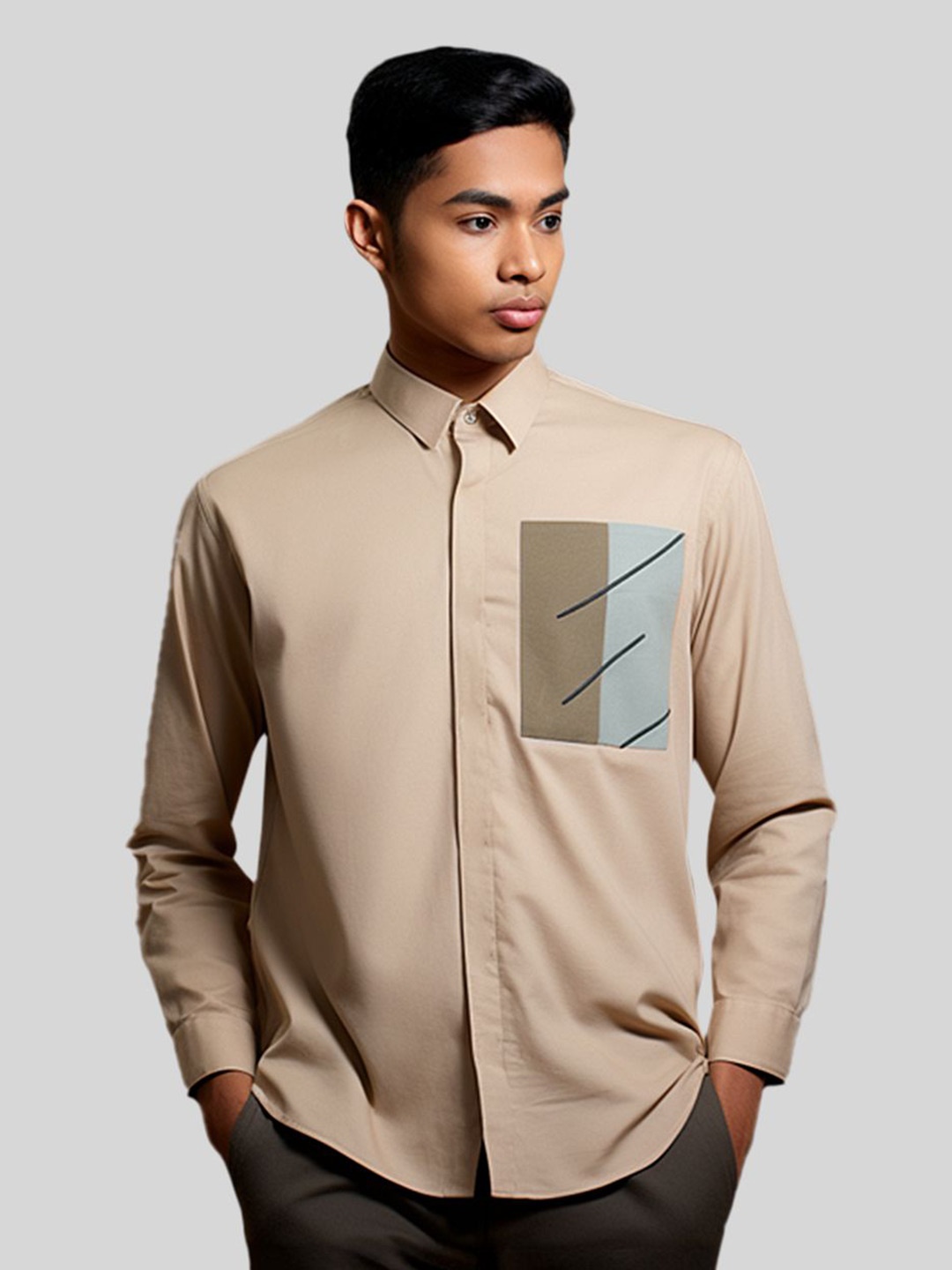 HE SPOKE Men Smart Tailored Fit Opaque Formal Shirt, Cream