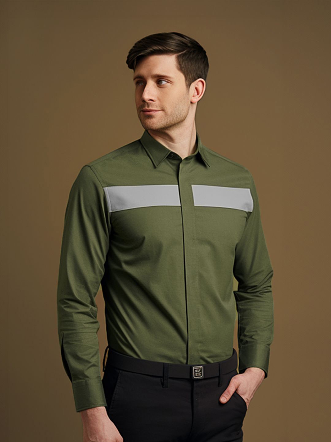 

HE SPOKE Men Solid Spread Collar Tailored Fit Shirt, Olive