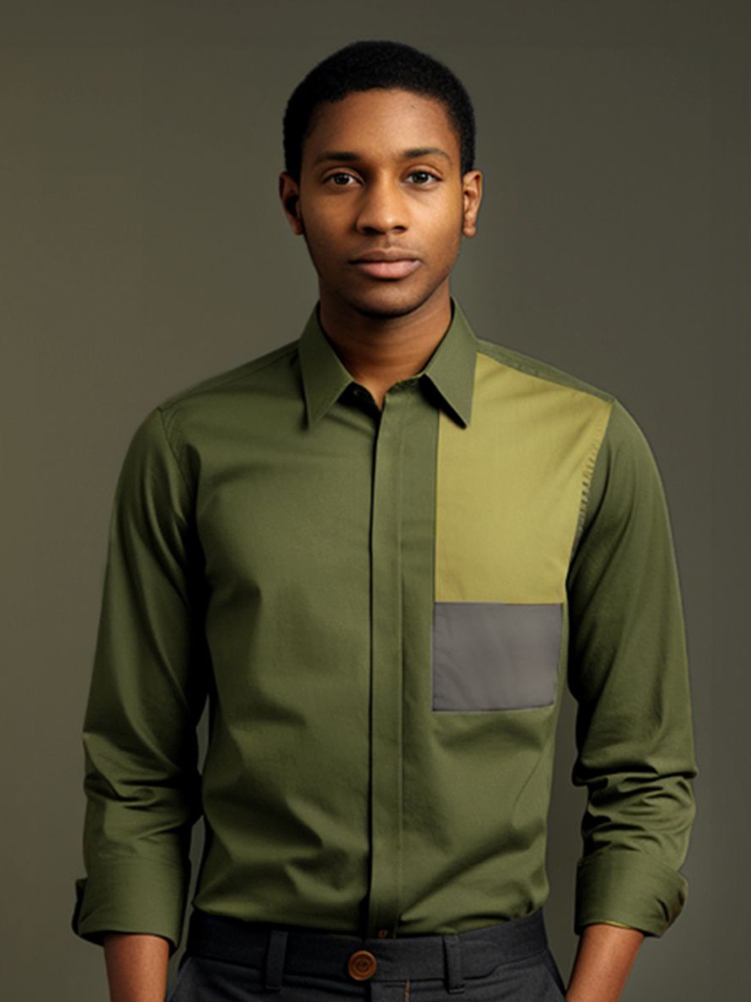 

HE SPOKE Men Colourblocked Spread Collar Tailored Fit Shirt, Olive