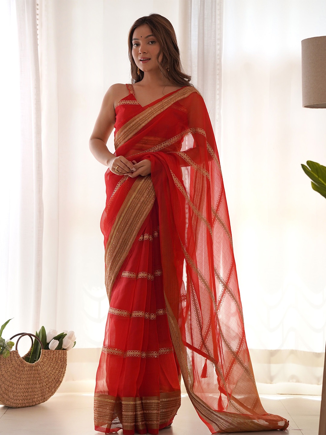 

QVAZOR Striped Embroidered Organza Saree, Red